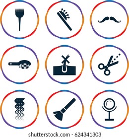 Hair icons set. set of 9 hair filled icons such as mustache, barber brush, shaving brush, mirror