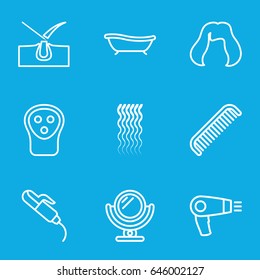 Hair icons set. set of 9 hair outline icons such as mirror, comb, hair dryer, electric razor