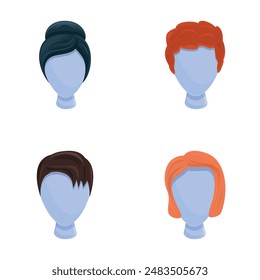 Iconos de pelo conjunto de dibujos animados Vector. Varios tipos de peinado masculino y femenino. Peluquería, concepto de belleza