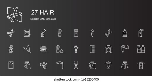 hair icons set. Collection of hair with hairspray, electric razor, shears, mustache, scissors, razor, mirror, wig, comb, brush, shaving brush. Editable and scalable hair icons.