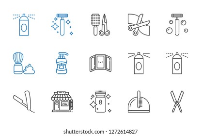 hair icons set. Collection of hair with shears, comb, electric razor, barbershop, razor, spray, hairspray, mirror, shampoo, shaving brush, scissors. Editable and scalable hair icons.