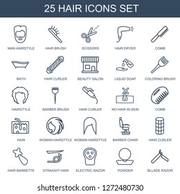 hair icons. Trendy 25 hair icons. Contain icons such as man hairstyle, hair brush, scissors, hair dryer, comb, bath, curler, beauty salon, liquid soap. icon for web and mobile.