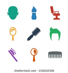 hair icons. Trendy 9 hair icons. Contain icons such as comb, mirror, hair brush, man hairstyle, barber chair, brush, face. icon for web and mobile.