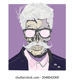 Hair illustration, hair style skull, stylish clothing, glasses in short smart skull.