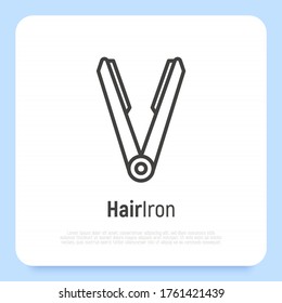 Hair iron thin line icon for hair salon or hairdresser logo. Vector illustration.