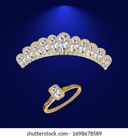 Hair jewelry, tiara with precious stones vector graphics