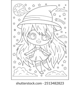 hair kawaii witch halloween coloring book page for kids and adults creative coloring mindful relaxation activity