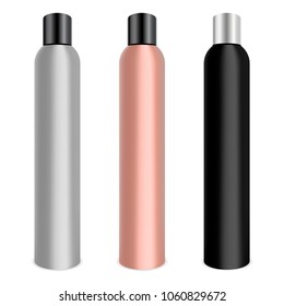 Hair lacquer cosmetics bottle set. Metal bottles mocup with black and silver caps.3d realistic vector illustration.