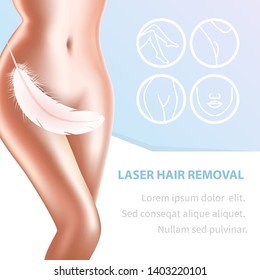 Hair Laser Removal Square Banner, Perfect Hairless Female Body with Feather Covering Intimate Area and Icons with Body Zones for Depilation. Beauty Skin Care, 3D Vector Realistic Illustration, Poster