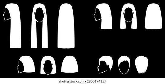 Hair length system silhouettes set one length long, medium, short very short hairstyles in front, profile back views, white shapes onblack background for icons, logos, UI elements, beauty salon design