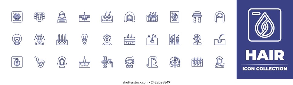 Hair line icon collection. Editable stroke. Vector illustration. Containing accesory, follicle, hair, wig, woman, tail, removal, curler, loss, color sample, transplant.