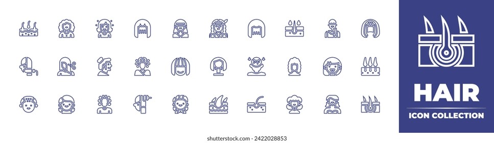 Hair line icon collection. Editable stroke. Vector illustration. Containing cut, avatar, loss, shape, curler, straightener, rollers, transplant, dyed hair, hair.