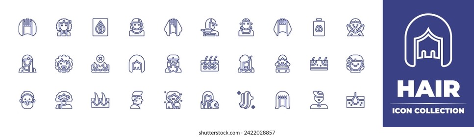 Hair line icon collection. Editable stroke. Vector illustration. Containing color sample, straightener, dye, removal, hair, follicle, biker, woman, hairstyle, wig, aunt.