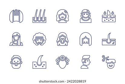 Conjunto de iconos de la línea aérea. Trazo editable. Ilustración vectorial. Conteniendo pelo, trasplante, peluca, afro, estudiante, folículo, corte de pelo, rodillos, tía, mujer, peluca, barba, cortado.