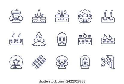 Hair line icon set. Editable stroke. Vector illustration. Containing woman, kid, transplant, follicle, hair follicles, sauna, dermatology, girl, curler, hair, care, wig.