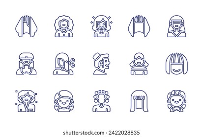 Hair line icon set. Editable stroke. Vector illustration. Containing hair cut, avatar, hair curler, hairstyle, wig, woman, haircut, scientific, grandmother, person.