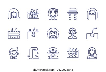 Haarliniensymbol eingestellt. Bearbeitbarer Strich. Vektorgrafik. Haare, Perücke, Haarentfernung, Haarschnitt, Frau, FleIDS, Kind, Haut, vor, Avatar, Kellner.