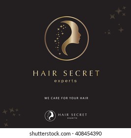 HAIR LOGO TEMPLATE, WOMAN FACE SILHOUETTE, ROUND LOGO, LUXURY, STARS , HAIR SALON, SPA, BRONZE ON BLACK