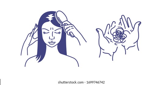 Hair loss. Alopecia. Baldness. A woman is combing her hair. A clump of hair on the palms. Vector illustration for your design