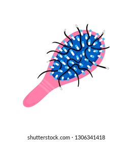 Hair loss. Alopecia. Consequences of improper care. Comb with bunch of fallen hairs. Scalp disease. Hair brush. Can be used to advertise shampoo, medical article, banner, brochure or poster in clinic