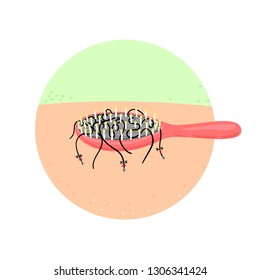 Hair loss. Alopecia. Consequences of improper care. Comb with bunch of fallen hairs. Scalp disease. Hair brush. Can be used to advertise shampoo, medical article, banner, brochure or poster in clinic