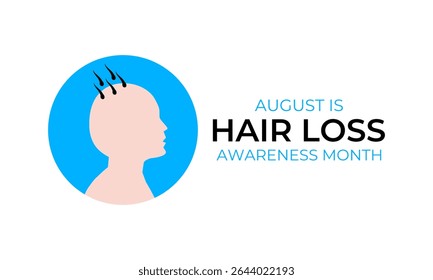 Hair Loss Awareness Month is observed in August every year. Blue comb with woman and men bald head. Banner poster, flyer and background design template.