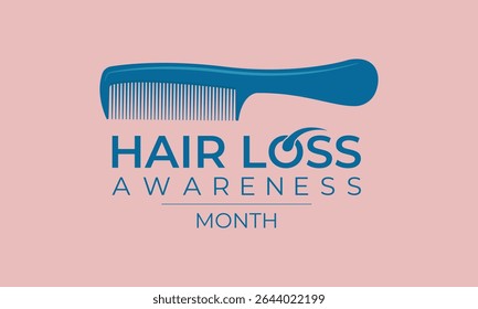 Hair Loss Awareness Month is observed in August every year. Blue comb with woman and men bald head. Banner poster, flyer and background design template.