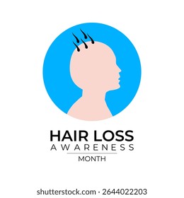 Hair Loss Awareness Month is observed in August every year. Blue comb with woman and men bald head. Banner poster, flyer and background design template.