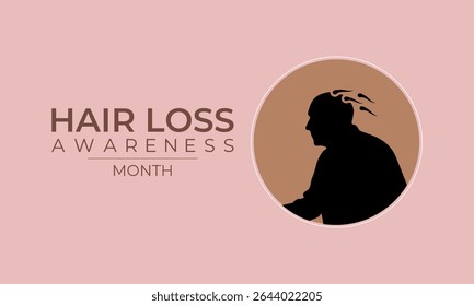 Hair Loss Awareness Month is observed in August every year. Blue comb with woman and men bald head. Banner poster, flyer and background design template.