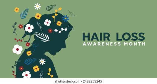 Hair Loss Awareness Month. Women and flower. Great for cards, banners, posters, social media and more. Green background.  