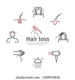 Hair Loss banner. Line icons set. Vector signs for web graphics. Infographics