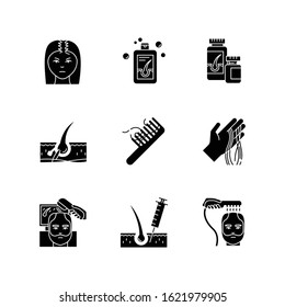 Hair loss black glyph icons set on white space. Male alopecia and female balding. Laser therapy for hair regrowth. Injection and transplantation. Silhouette symbols. Vector isolated illustration