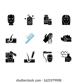 Hair loss black glyph icons set on white space. Hair roots. Alopecia treatment. Hair strands on hand. Physiotherapy and injection for hair thinning. Silhouette symbols. Vector isolated illustration