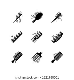 Hair loss black glyph icons set on white space. Comb with hair. Alopecia, stress symptom. Hairbrush with strands. Dermatology, cosmetology. Silhouette symbols. Vector isolated illustration