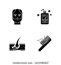 Hair loss black glyph icons set on white space. Man balding treatment. Male alopecia. Hair strands on comb. Damaged follicle. Medical shampoo. Silhouette symbols. Vector isolated illustration