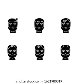 Hair loss black glyph icons set on white space. Baldness process stages. Male alopecia conditions.Hair thinning. Dermatology problem with scalp. Silhouette symbols. Vector isolated illustration