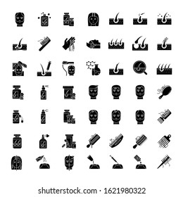 Hair loss black glyph icons set on white space. Baldness and alopecia treatment. Laser therapy for hairloss. Female and male hair thinning problem aid. Silhouette symbols. Vector isolated illustration