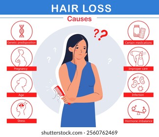 Hair loss causes infographic. Frustrated woman with comb in her hands.Medical info poster. Set of Icons. Flat vector illustration