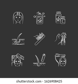 Hair loss chalk white icons set on black background. Male alopecia and female balding. Laser therapy for hair regrowth. Thinning hairline help. Isolated vector chalkboard illustrations