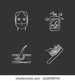 Hair loss chalk white icons set on black background. Man balding treatment. Male alopecia. Hair strands on comb. Damaged follicle. Medical shampoo. Isolated vector chalkboard illustrations