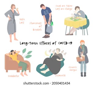 Hair loss, chronic fatigue, shortness of breath problems. Post-covid syndrome, long-term effects of covid-19. Upset people suffering for a long time after coronavirus disease. Vector illustration.