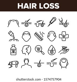 Hair Loss Collection Elements Icons Set Vector Thin Line. Hair Loss And Bald Human Silhouette, Comb And Fan, Healthy Shampoo Bottle And Drop Concept Linear Pictograms. Monochrome Contour Illustrations