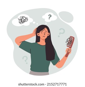 Hair loss concept. Young girl looks sadly at hairstyle with strands of hair. Alopecia and health problems, lack of vitamins and important amino acids, medical poster. Cartoon flat vector illustration