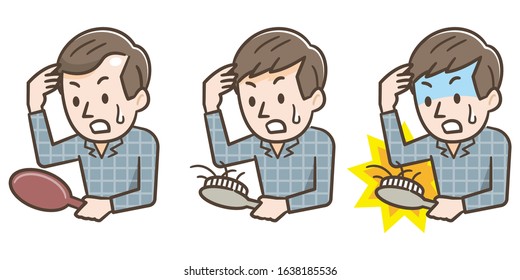 Hair loss concept. Young man with hair comb on white background