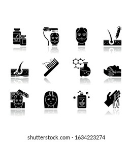 Hair loss drop shadow black glyph icons set. Hair roots. Alopecia treatment. Hair strands on hand and comd. Physiotherapy and injection for hair thinning. Isolated vector illustrations on white space