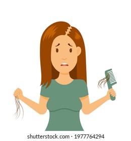 Hair loss in female problem. The girl holds a comb in her hand. Alopecia in woman, baldness in young age. Vector illustration, isolated color elements on a white background