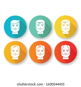 Hair loss flat design long shadow glyph icons set. Baldness process stages. Male alopecia conditions. Hairloss, hair thinning. Dermatology problem with scalp. Silhouette RGB color illustration