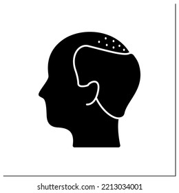 Hair loss glyph icon. Man loses hair. Male pattern baldness. Large bald area on frontal and central scalp. Alopecia concept.Filled flat sign. Isolated silhouette vector illustration