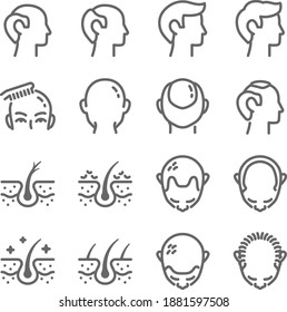 Hair loss icon illustration vector set. Contains such icons as Alopecia, bald, baldness, hair, hairless, loss, scalp, and more. Expanded Stroke