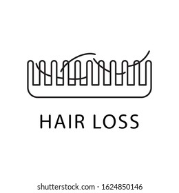 Hair loss icon. Thin line art logo for clinic of beauty care problem. Black simple illustration. Contour isolated vector image on white background. Comb with fallen hair